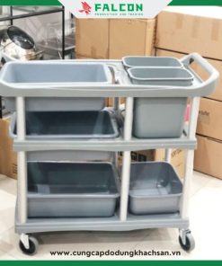 Xe thu gọn thức ăn 3 tầng thùng nhựa cao cấp, khung inox chắc chắn
