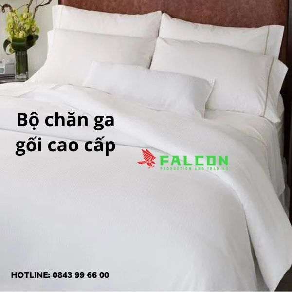 Bộ chăn ga gối khách sạn cao cấp chất liệu vải T250 trắng trơn.