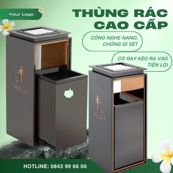 Thùng rác sảnh Inox cao cấp phủ Nano có gạt tàn và ray kéo ra vào bên dưới tiện lợi.