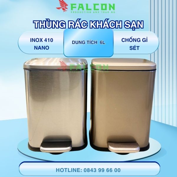 Thùng rác Inox 410 nano đạp chân hình chữ nhật 6 lít