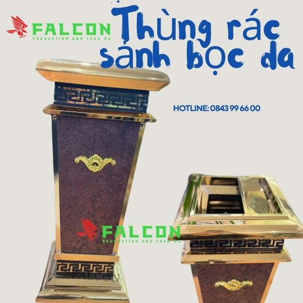 Thùng rác sảnh bọc da cao cấp với thiết kế cửa rác bên trên đầu.