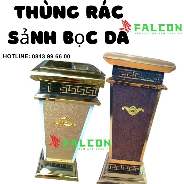 Thùng rác sảnh bọc da cao cấp có 4 mặt là gỗ MDF được bọc da bên ngoài.