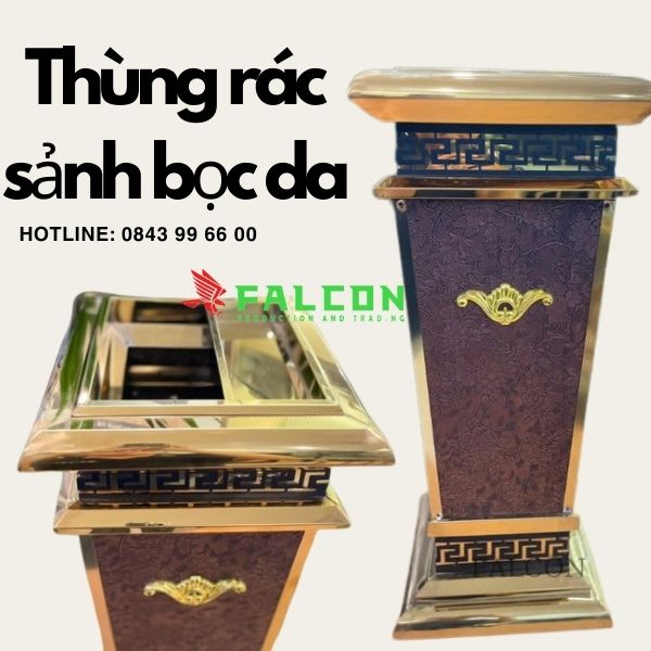 Thùng rác sảnh bọc da cao cấp với thiết kế hoa văn sang trọng.