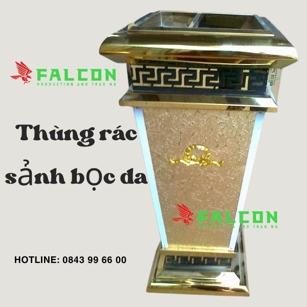 Thùng rác sảnh bọc da cao cấp khung Inox mạ vàng.