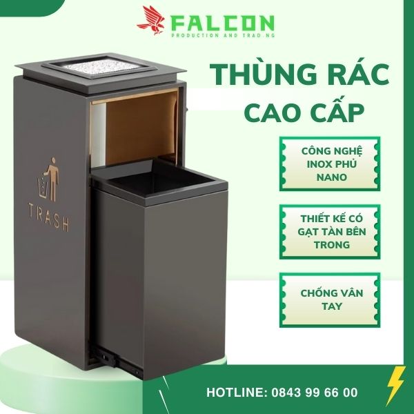Thùng rác sảnh cao cấp với thiết kế gạt tàn và ray kéo ra vào tiện lợi.