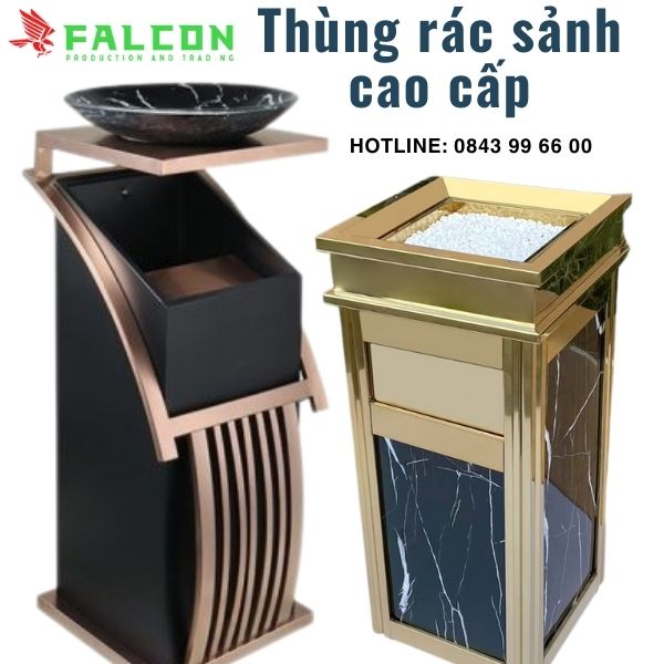Thùng rác sảnh đá hoa cương cao cấp và inox mạ vàng.