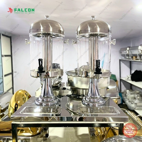 Bình nước trái cây buffet 2 ngăn 16 lít, chất liệu inox và mica cao cấp, trụ inox chắc chắn.