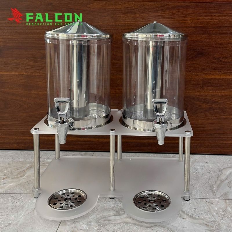 Bình nước ép buffet 2 ngăn 16 lít, thân nhựa Mica trong suốt, trụ inox chắc chắn.