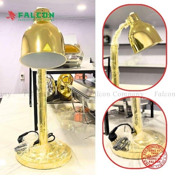 Sản phẩm đèn hâm nóng thức ăn, chất liệu inox và chụp đèn mạ vàng sang trọng