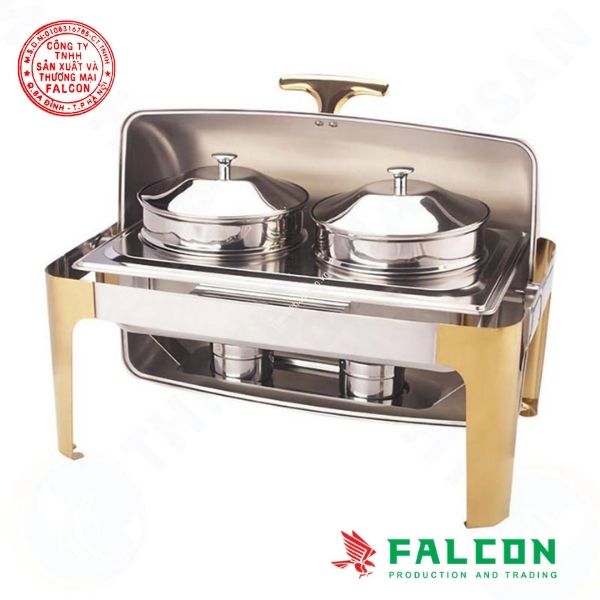 Nồi hâm soup tròn inox chân mạ vàng cao cấp, thiết kế sang trọng cho khách sạn và nhà hàng.